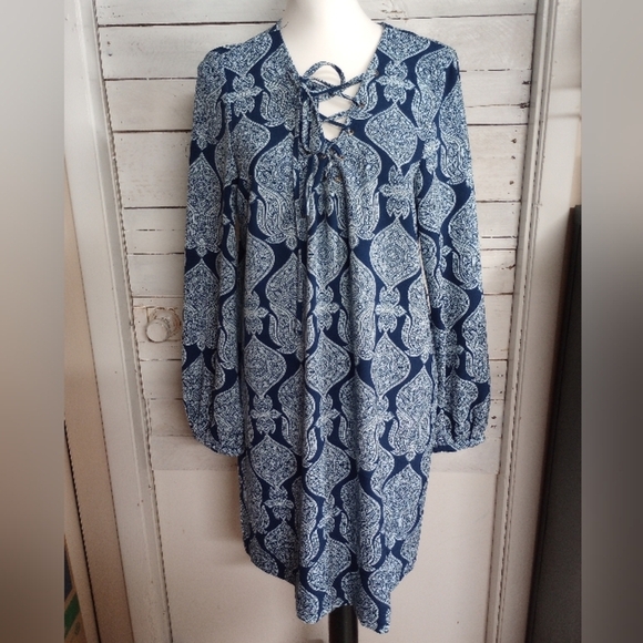 mark. Women's Large Blue Floral Dress Geometric Boho Hippie Flowy Knee Length - Picture 1 of 12
